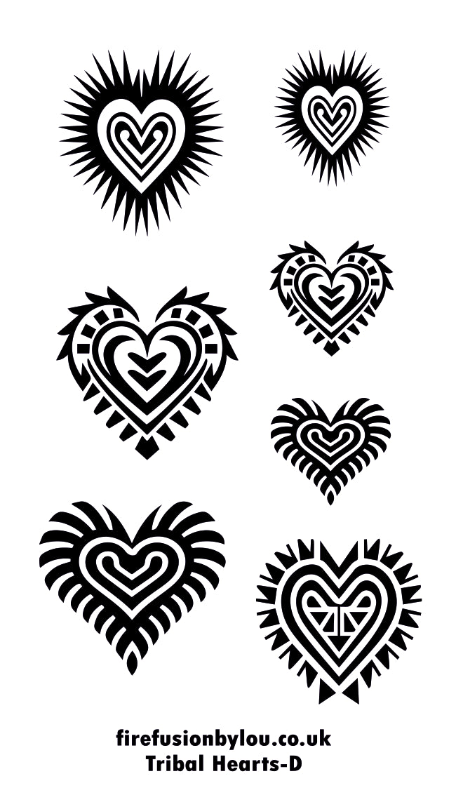 Six black tribal heart designs arranged on a white background, with the text 'firefusionbylou.co.uk