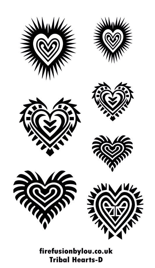 Six black tribal heart designs arranged on a white background, with the text 'firefusionbylou.co.uk