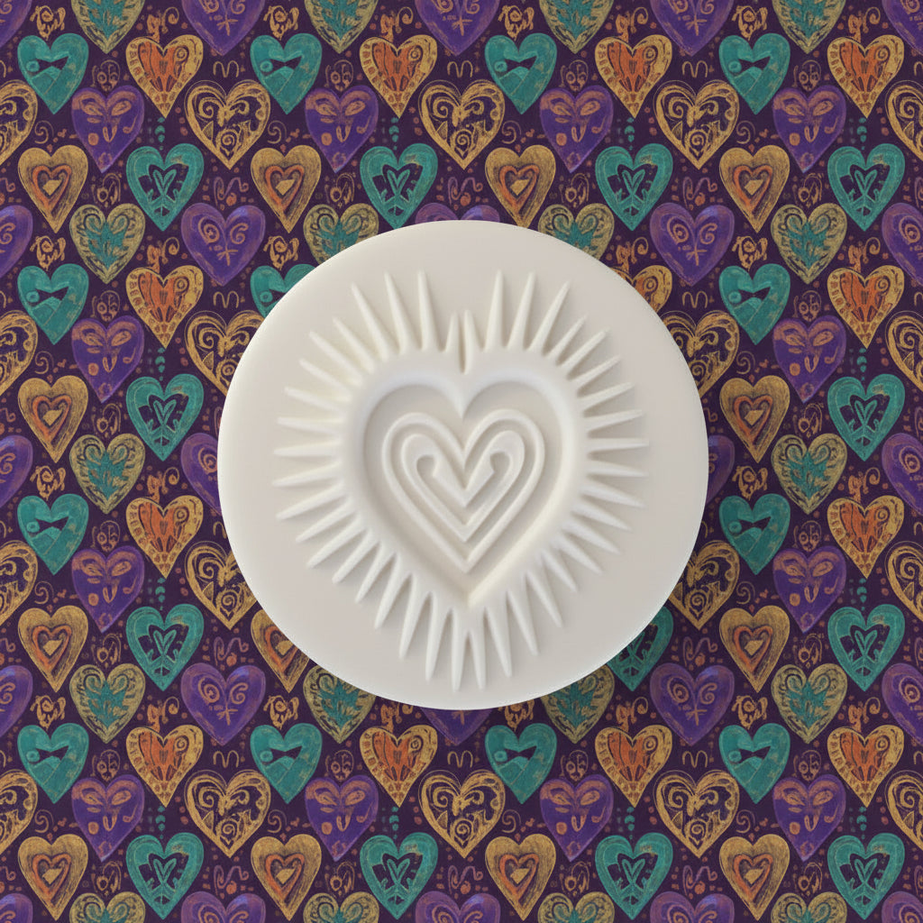 A round white clay stamp with a raised heart design and sunburst rays, displayed on a purple background with a repeating pattern of colourful hearts.