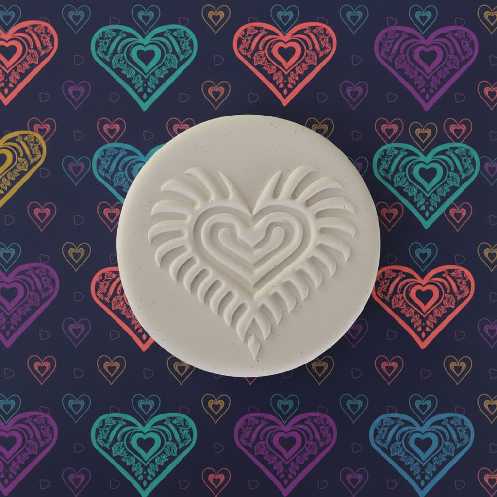 A round white clay stamp with a raised heart design, displayed on a dark navy background patterned with colourful hearts.