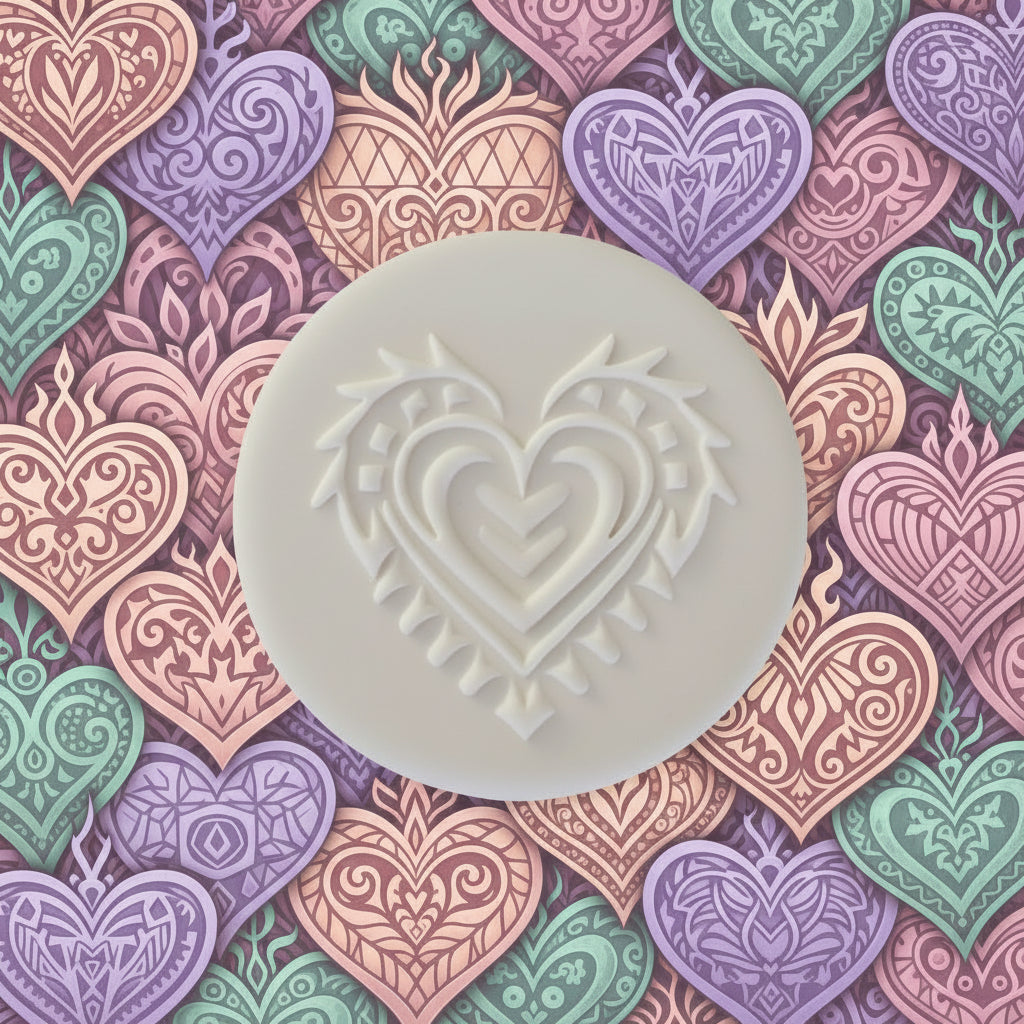 A round white  stamp featuring a layered, ornate heart design, cantered against a background of repeating pastel-coloured hearts in pink, purple, green, and peach.