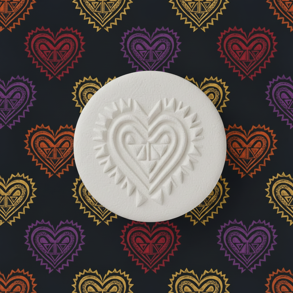 A round white r with an embossed double-heart design in the centre, displayed on a dark background patterned with colourful hearts. 