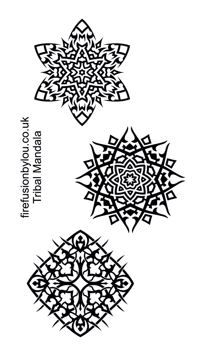 Three black tribal mandala designs arranged vertically on a white background, with vertical text reading 'firefusionbylou.co.