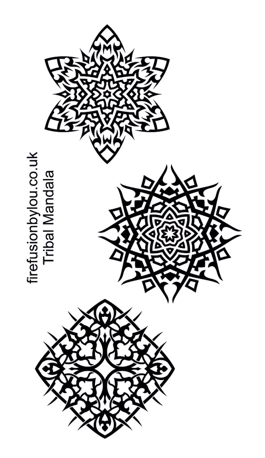 Three black tribal mandala designs arranged vertically on a white background, with vertical text reading 'firefusionbylou.co.