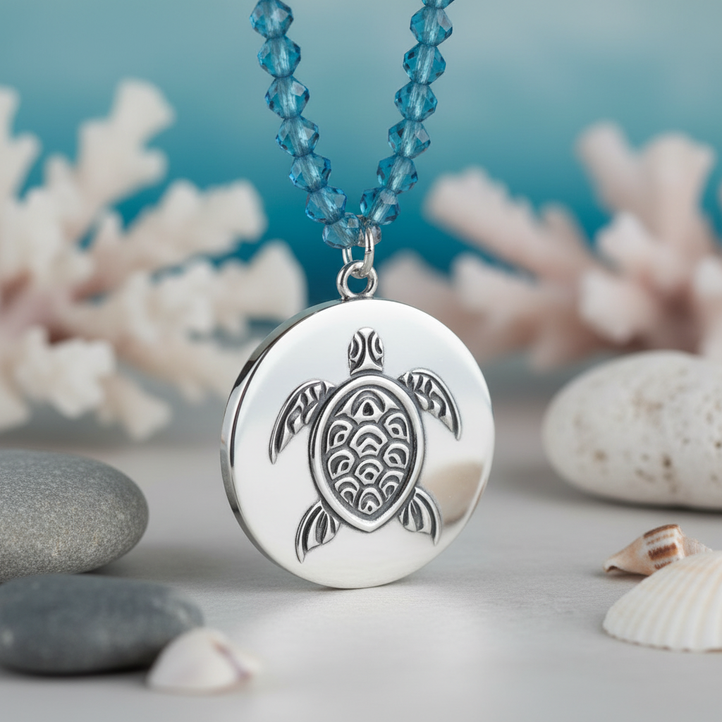 A round silver pendant necklace featuring a raised sea turtle design on the front, hanging from a beaded chain with translucent blue beads against a soft gray background.