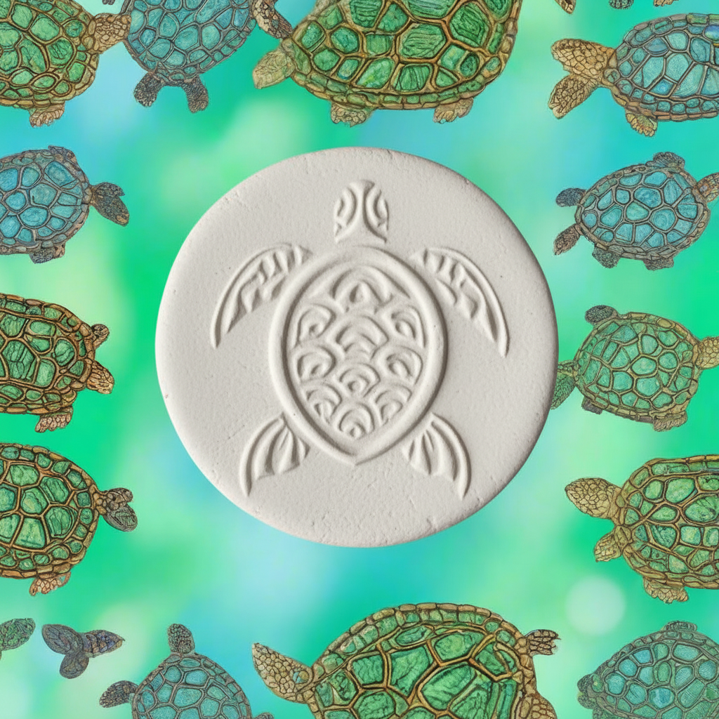 clay circular object with turtle design on a background of green turtles