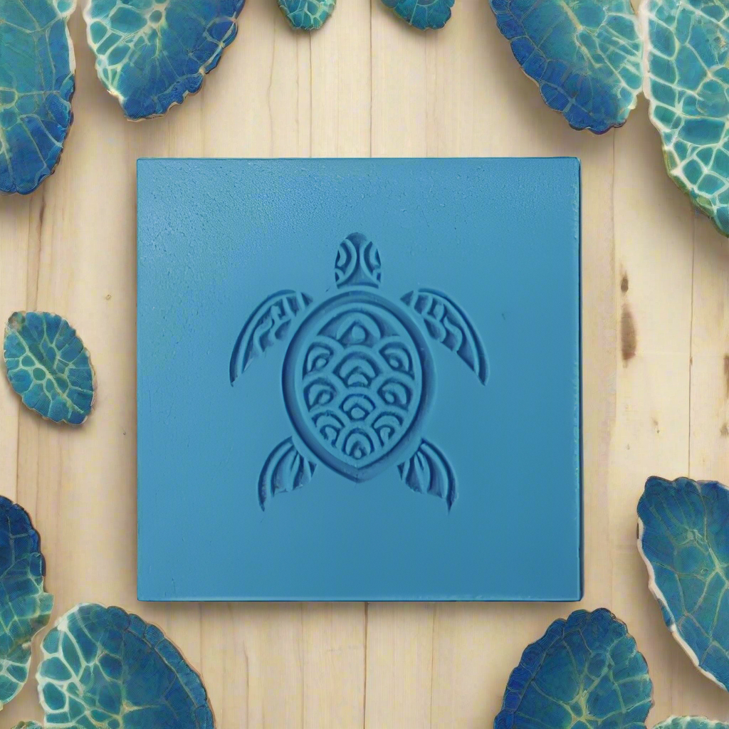 Blue rubber texture with turtle design on a wooden surface with blue leaf-like decorations.