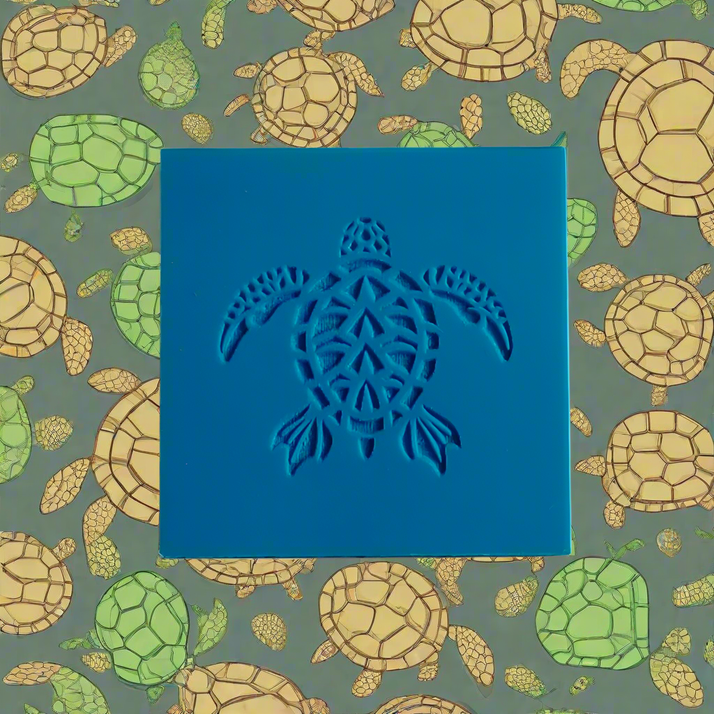 Blue turtle-stamp on a patterned background with turtles