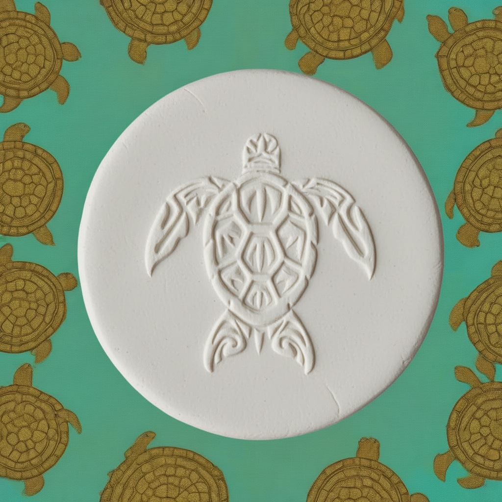 clay turtle-shaped on a green background with turtle patterns