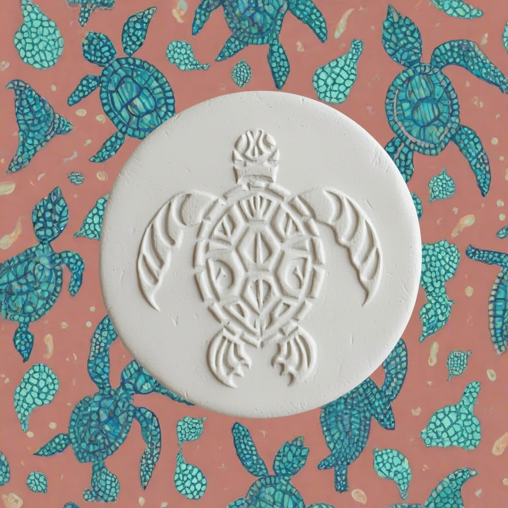 Turtle-shaped clay stamp on a pink background with teal turtle pattern