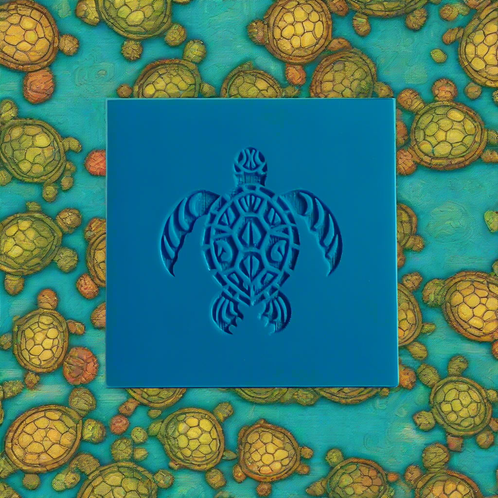 Blue rubber with turtle design surrounded by smaller turtles on a blue background