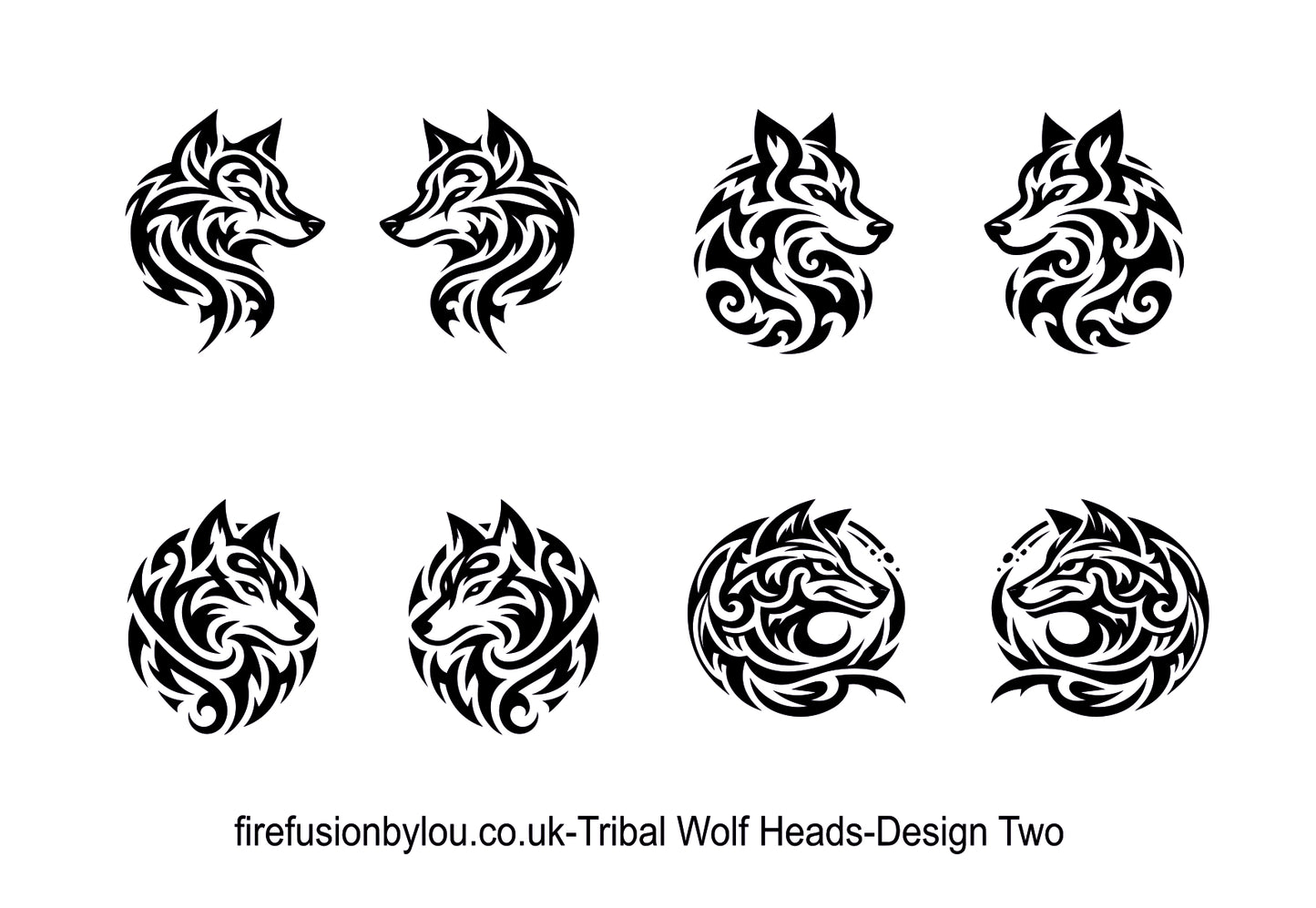 Eight black tribal wolf head designs arranged in two rows on a white background, with the text 'firefusionbylou.co.