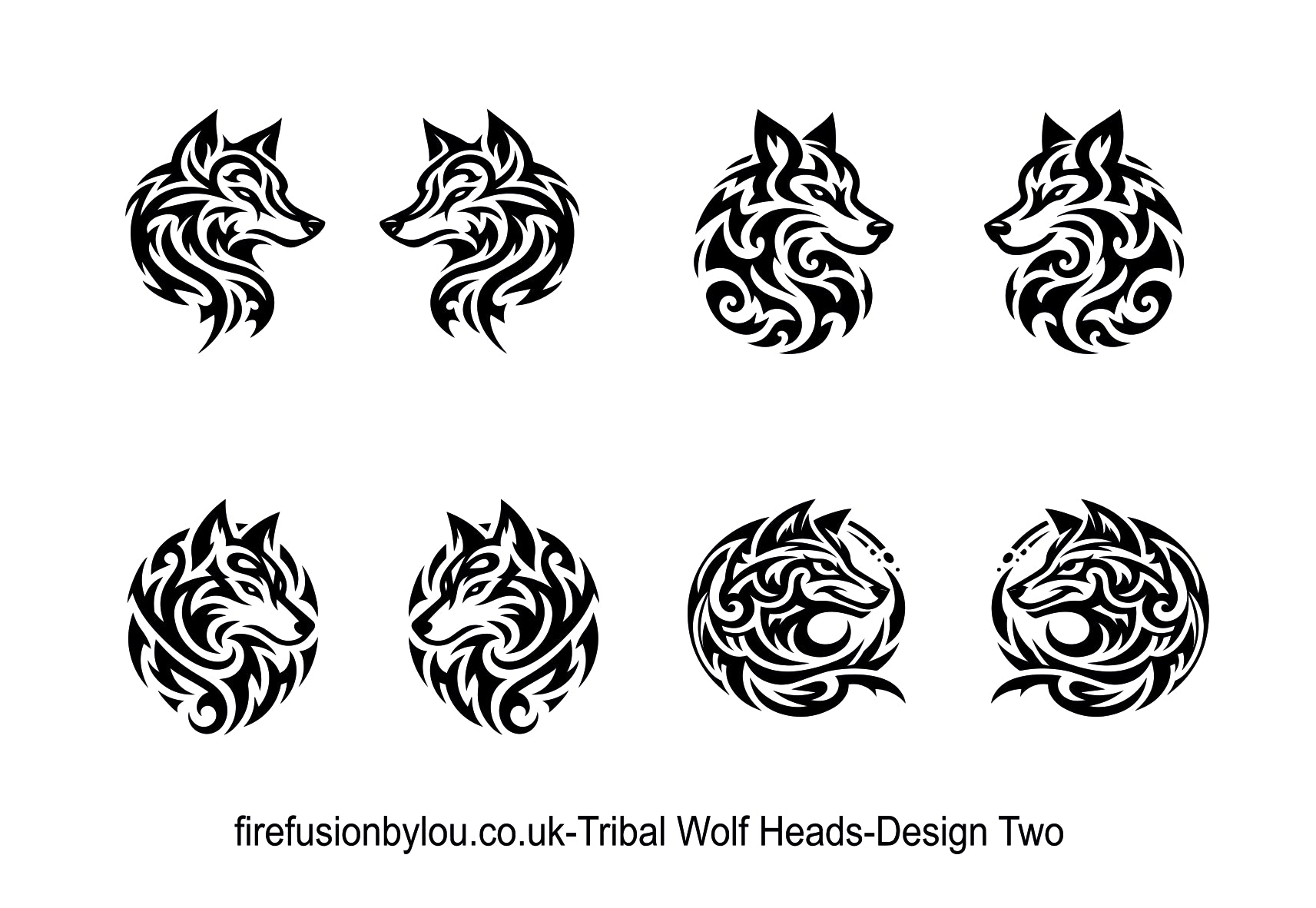 Eight black tribal wolf head designs arranged in two rows on a white background, with the text 'firefusionbylou.co.