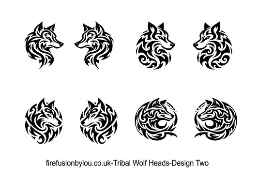 Eight black tribal wolf head designs arranged in two rows on a white background, with the text 'firefusionbylou.co.