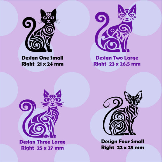 Four cat designs with dimensions on a purple background