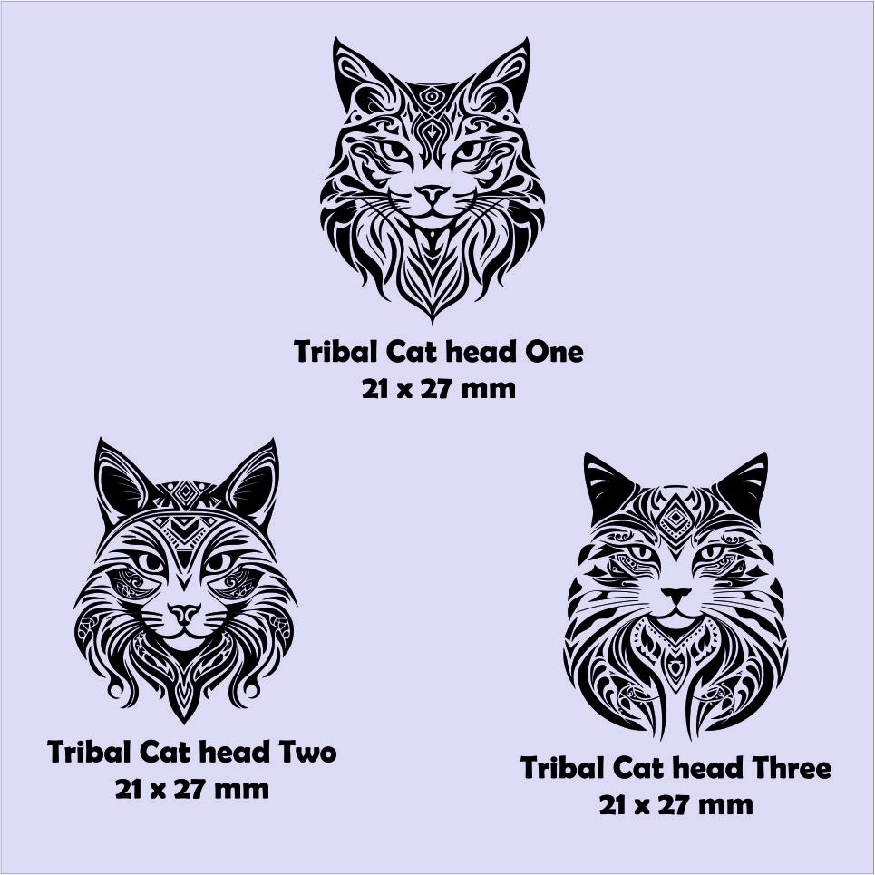Three tribal cat head designs with dimensions on a light blue background