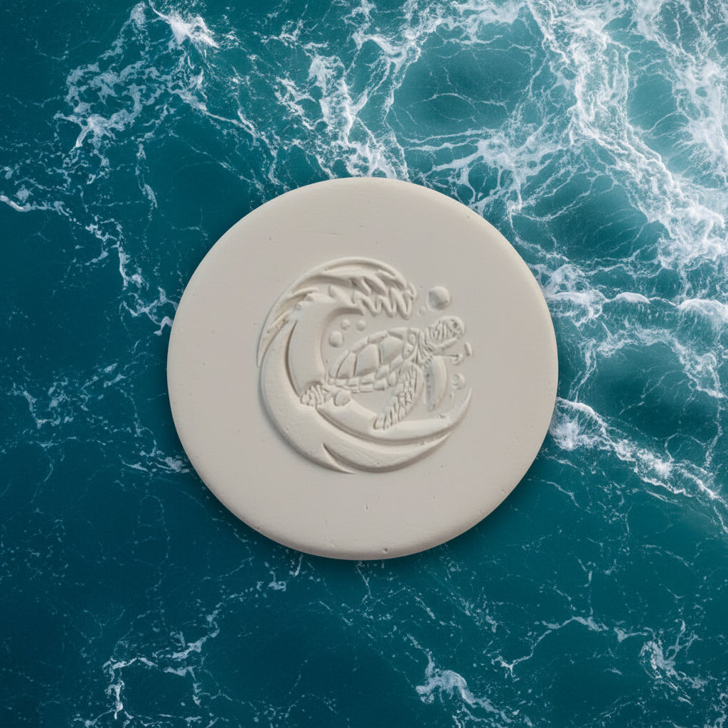 A round  clay with an embossed sea turtle and wave design, displayed on a ocean background.