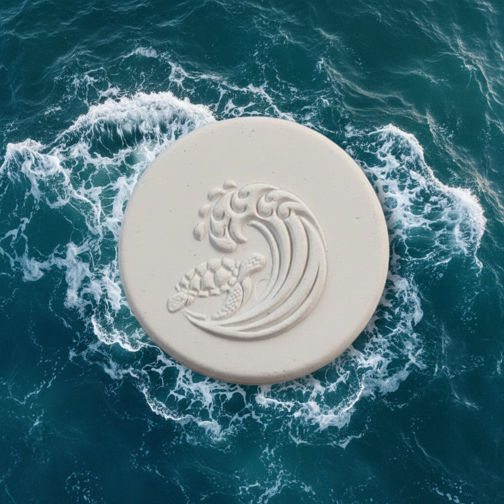 A round  clay with an embossed sea turtle and wave design, displayed on a ocean background.