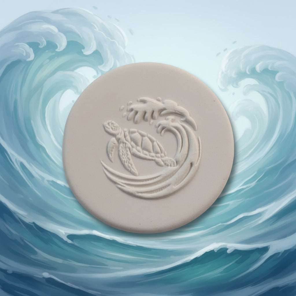 A round  clay with an embossed sea turtle and wave design, displayed on a ocean background.