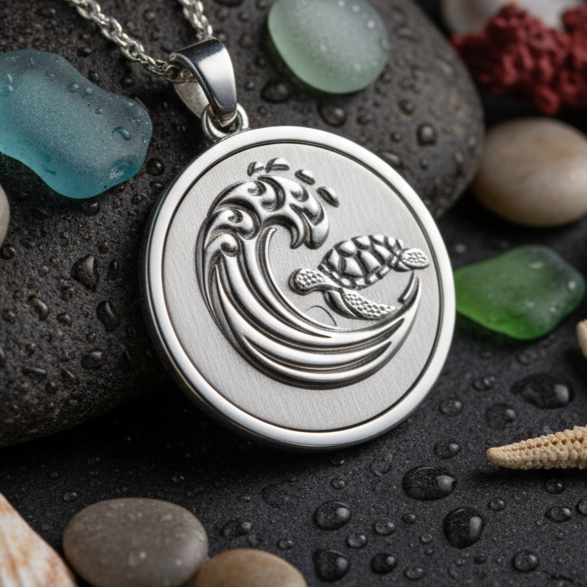 A silver round pendant necklace featuring an embossed wave and turtle design, resting on wet dark stones with colorful sea glass and coral around it.