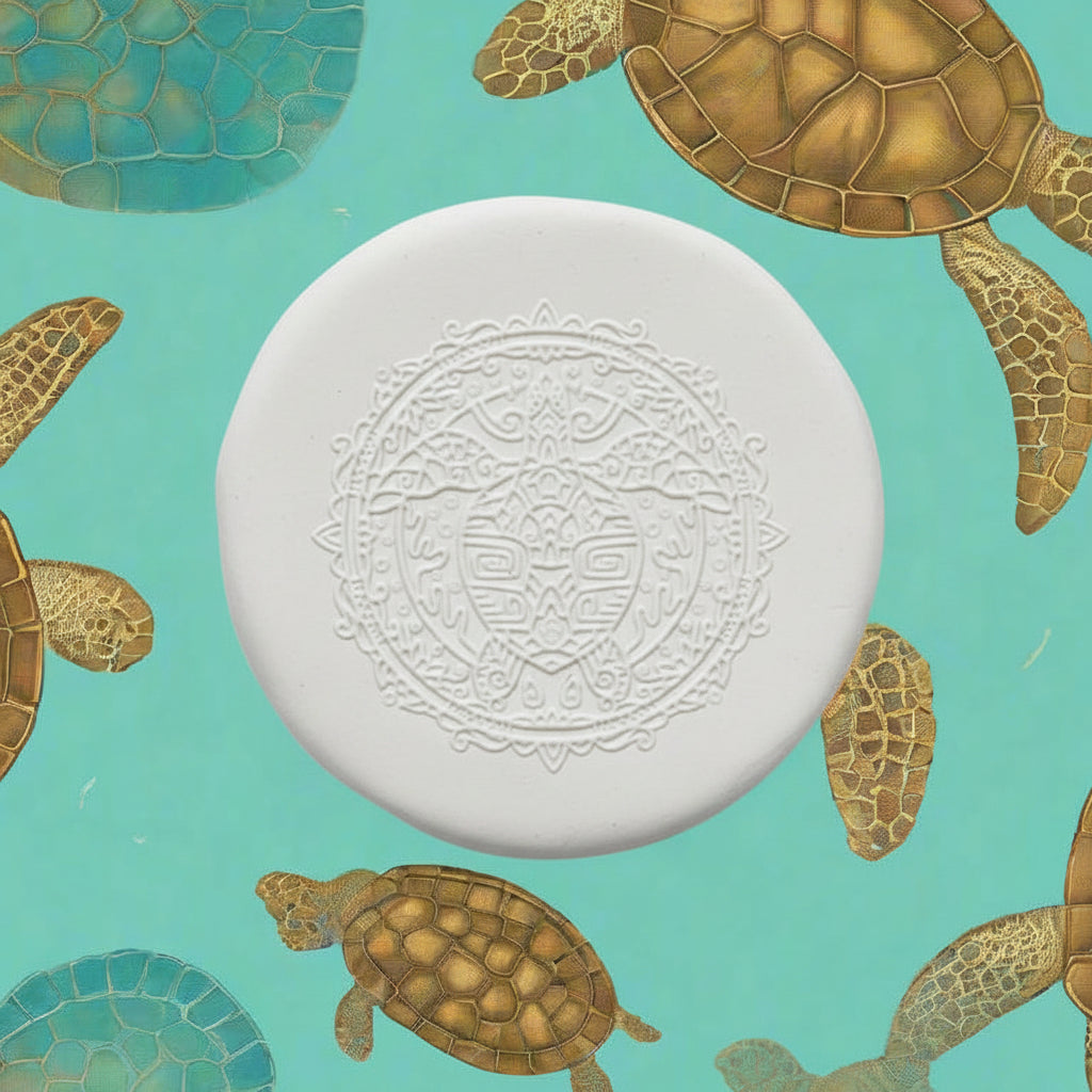 Turtle embossed in clay with a cartoon turtle background. 