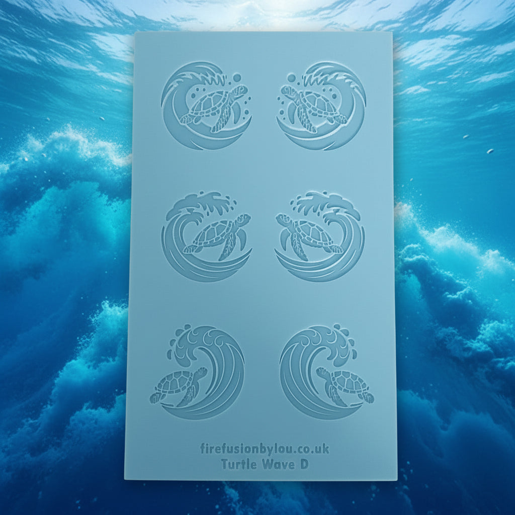 A texture mat with six debossed turtle and wave designs, photographed flat against a sea background.