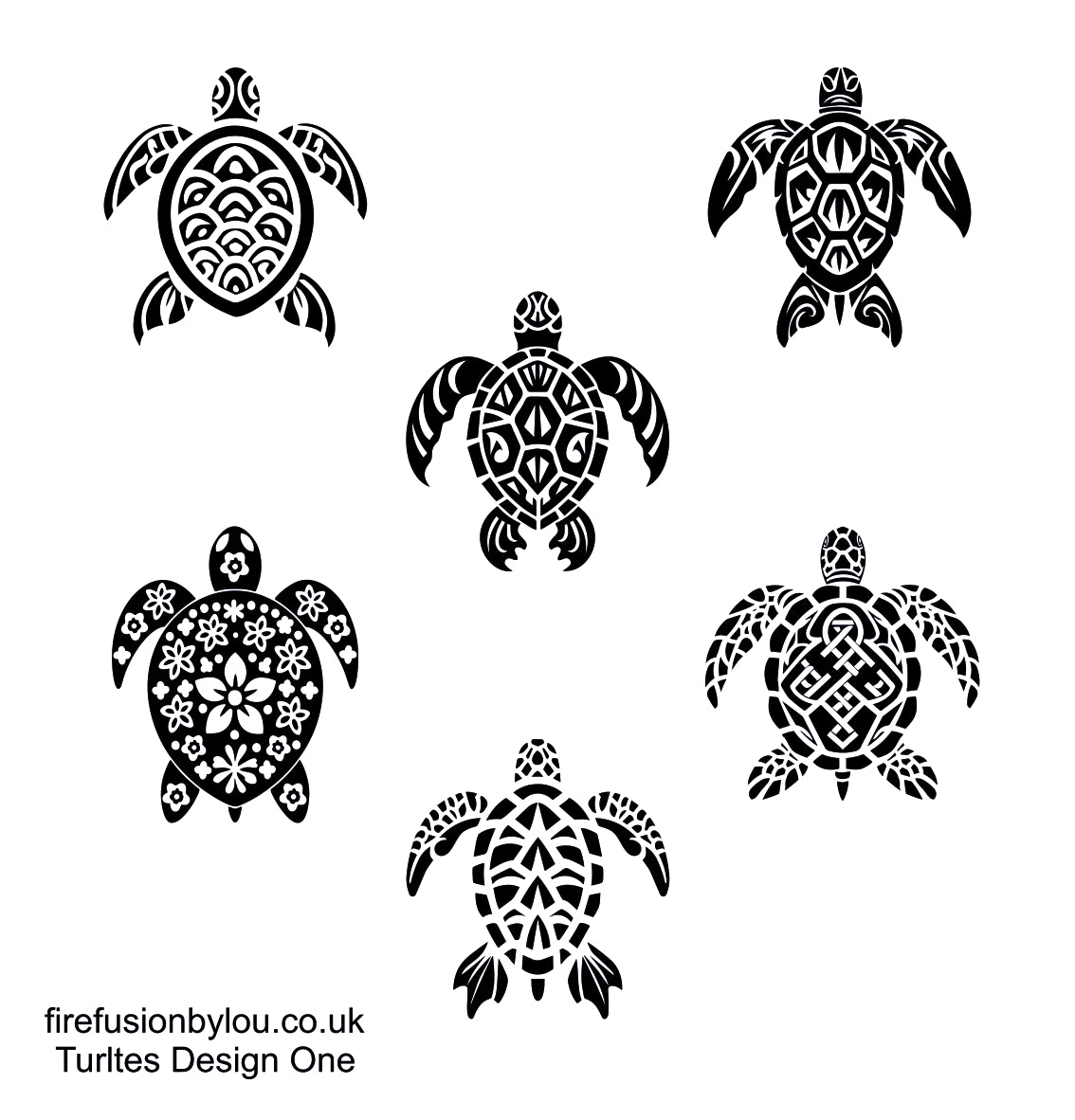 Six black turtle silhouettes with intricate geometric and floral patterns arranged on a white background, with small text at the bottom reading 'firefusionbylou.co.