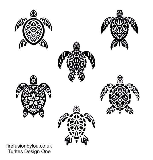 Six black turtle silhouettes with intricate geometric and floral patterns arranged on a white background, with small text at the bottom reading 'firefusionbylou.co.
