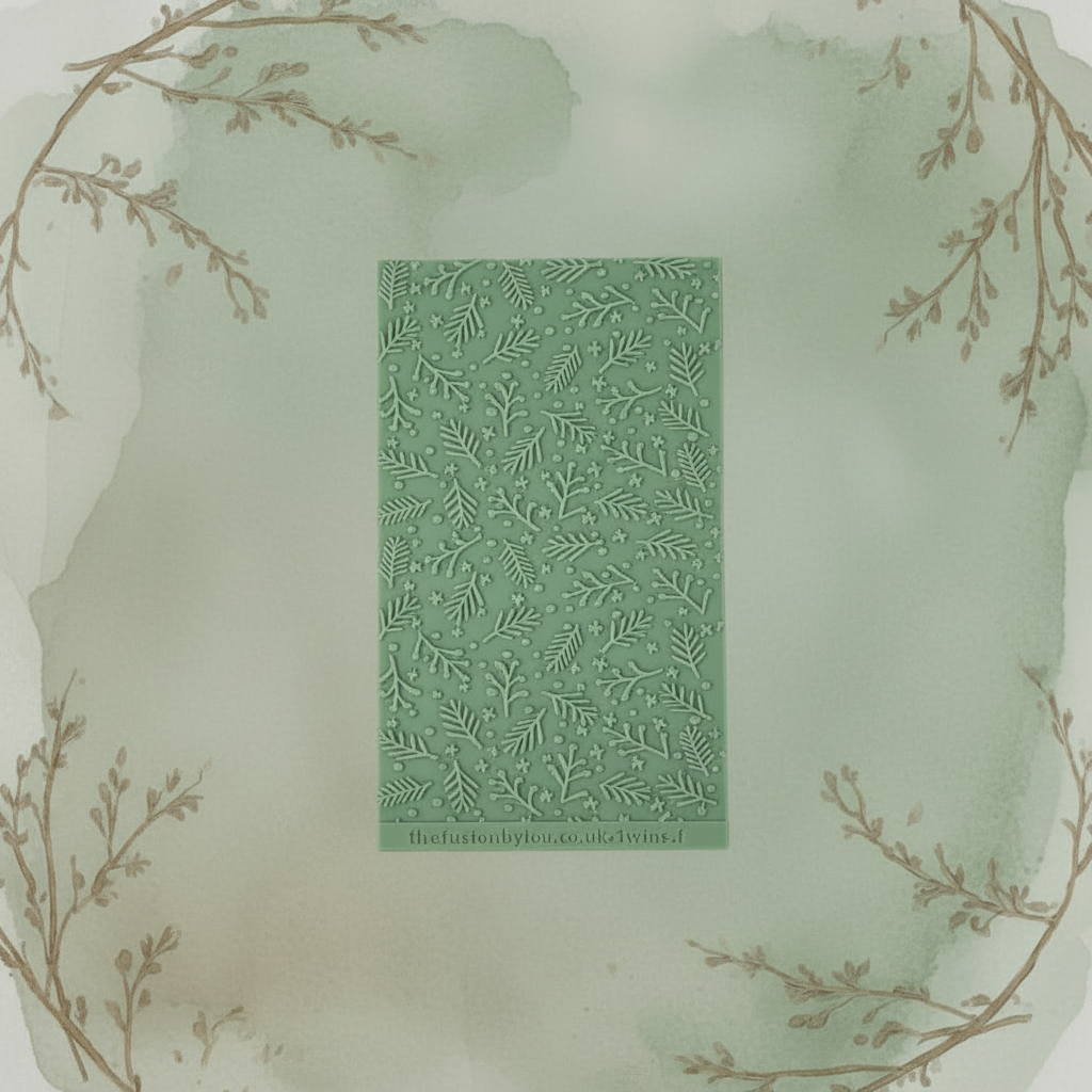 Green rubber with twig design on a textured white background