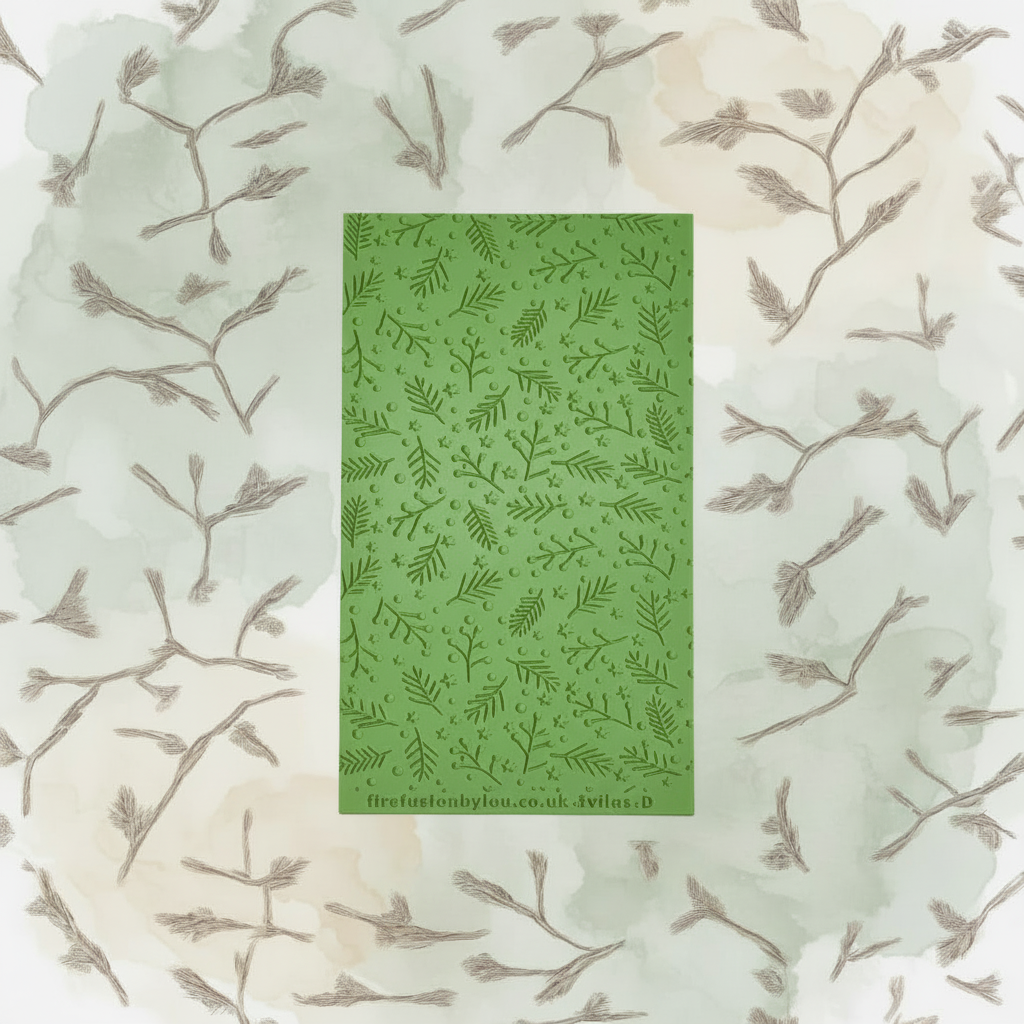 Green rubber with twig design on a textured white background