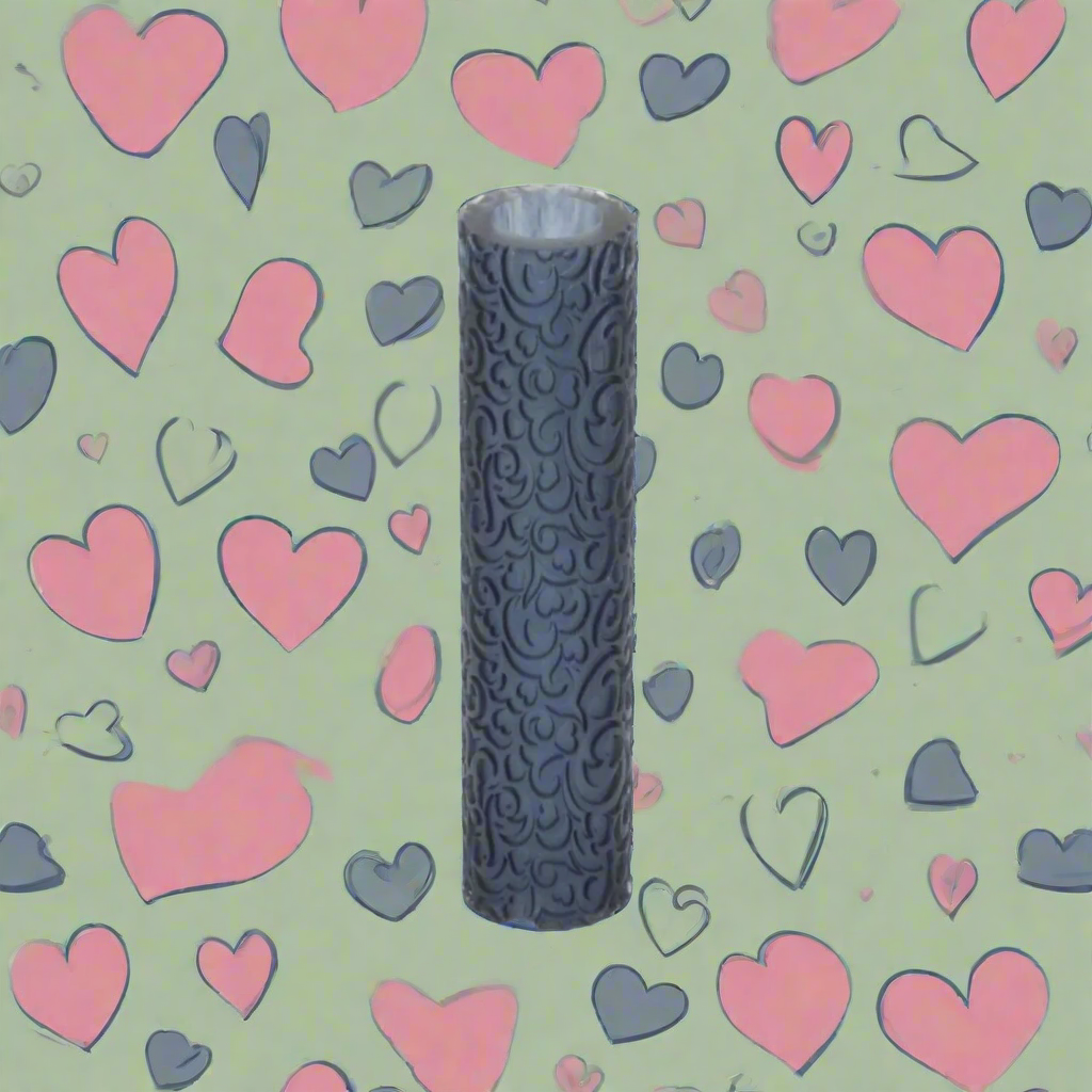 A cylindrical textured roller with a pattern of hearts and gray scales, placed against a background of pink and gray hearts.