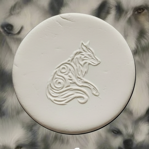 A round clay embossed wolf design embossed in clay, using a rubber texture mat called sitting wolf designs.