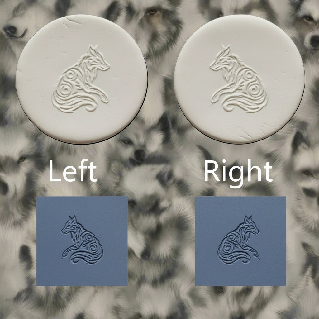 Two round clay embossed wolf design are shown side by side above two blue square textures also with wolf designs, labelled Left and Right against a blurred grey-and-white furry background.