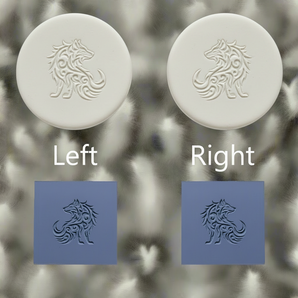 Two round clay embossed wolf design are shown side by side above two blue square textures also with wolf designs, labelled Left and Right against a blurred grey-and-white furry background.