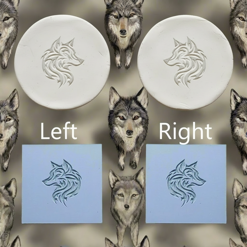 Two circular designs with wolf embossments and two square designs on a background of wolf images.