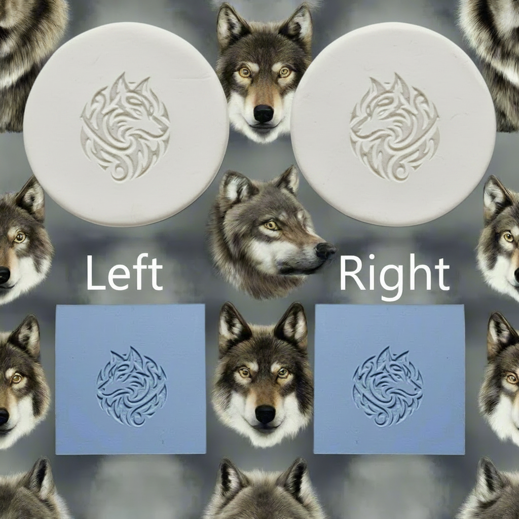 A product presentation showing a circular embossed wolf design, alongside a blue rubber stamp or mold showing the corresponding stamped pattern. The background is a repeating pattern of wolf heads, with 'Left' and 'Right' labels indicating the two sides of the design.