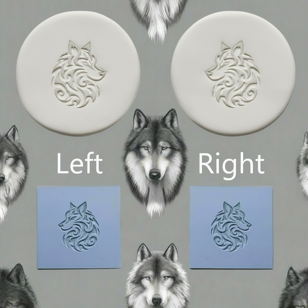 A product presentation showing a  clay stamp or mold with an embossed wolf head design, alongside two blue square cards displaying a matching carved wolf design. The layout is labelled 'Left' and 'Right' with wolf head illustrations on a grey background.