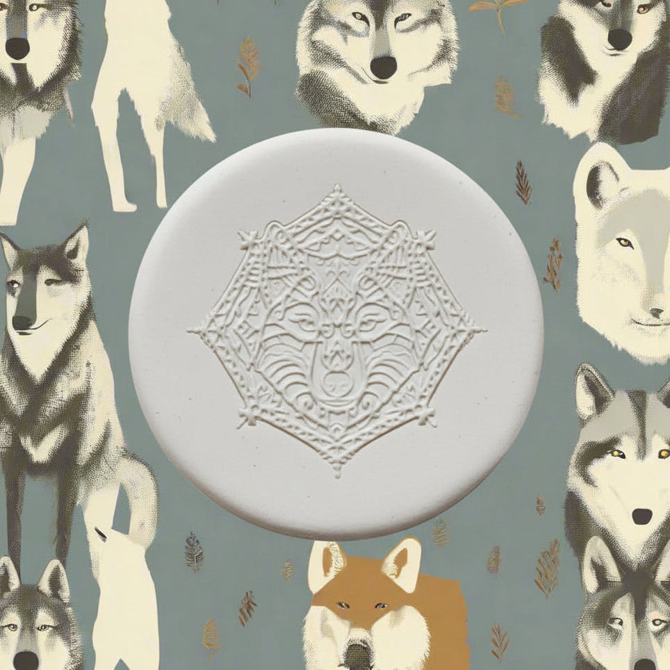 Wolf embossed in clay with a cartoon wolf background.