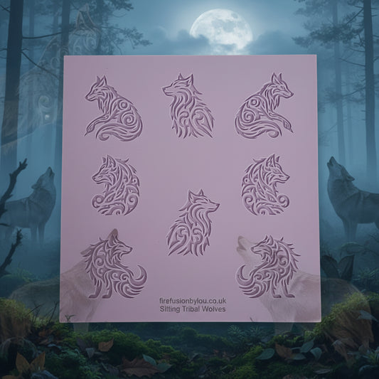 A lilac texture mat featuring nine stylized wolf designs filled with tribal patterns, displayed on a light grey background.