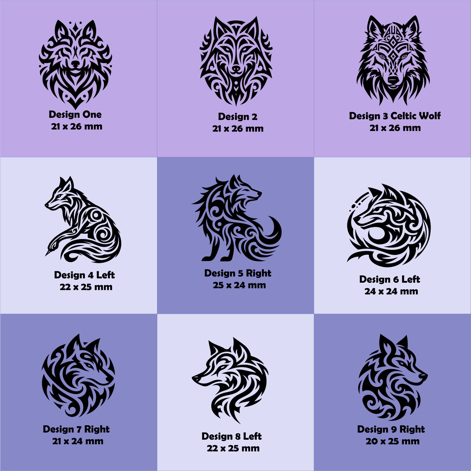 Nine wolf design illustrations with dimensions on a purple background