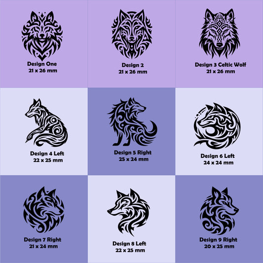 Nine wolf design illustrations with dimensions on a purple background