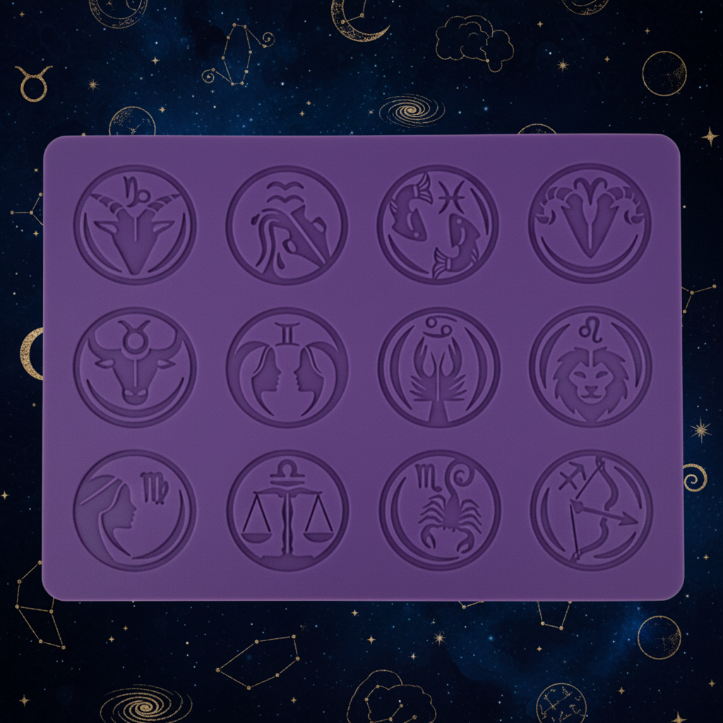 A purple silicone mold with embossed zodiac symbols and names, shown on a light gray background.