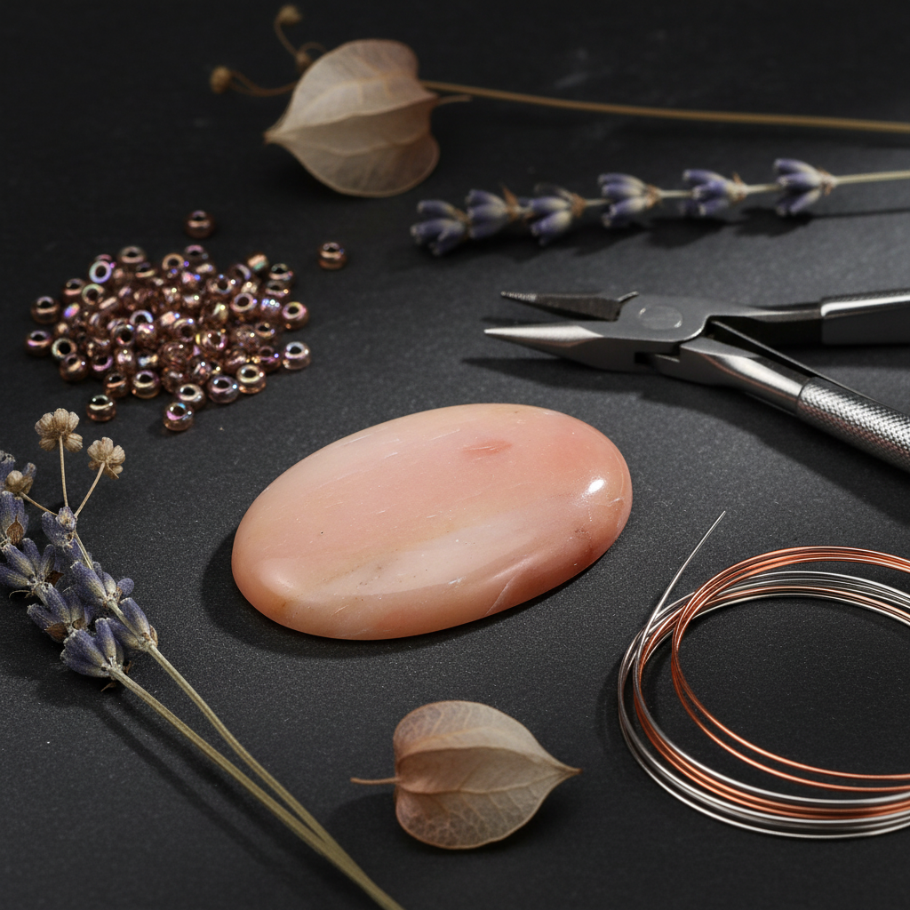 Pink stone, wire, beads, and pliers on a dark surface with dried flowers.