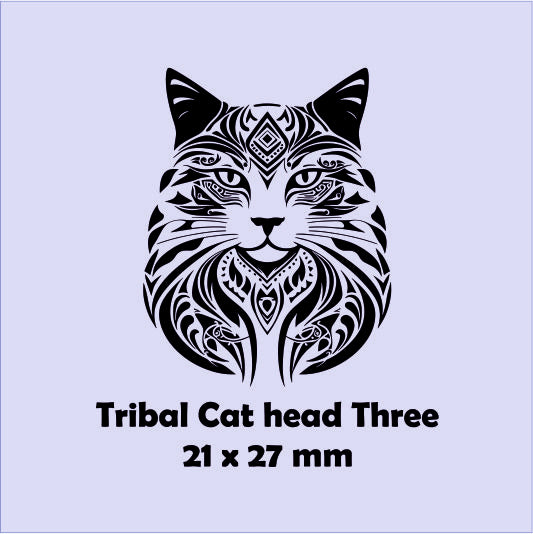 Tribal design of a cat head on a light blue background with text indicating size and description.