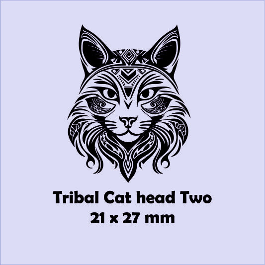 Tribal cat head design with size '21 x 27 mm' on a light blue background