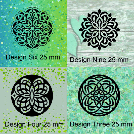 Four black mandala designs on a green patterned background
