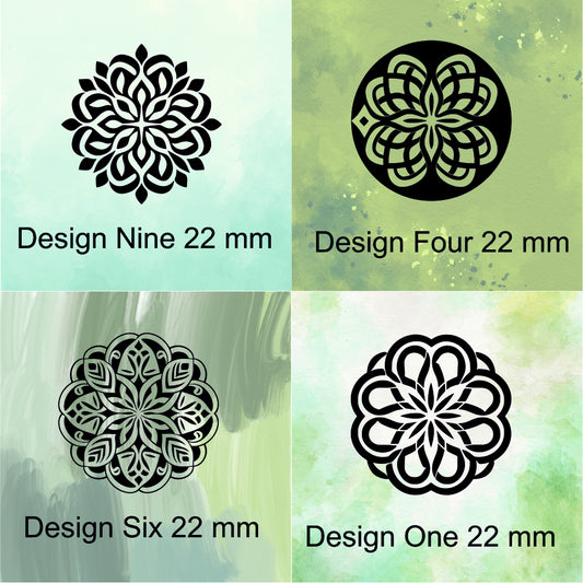 Four black floral designs on a green gradient background with labels indicating their names and sizes.