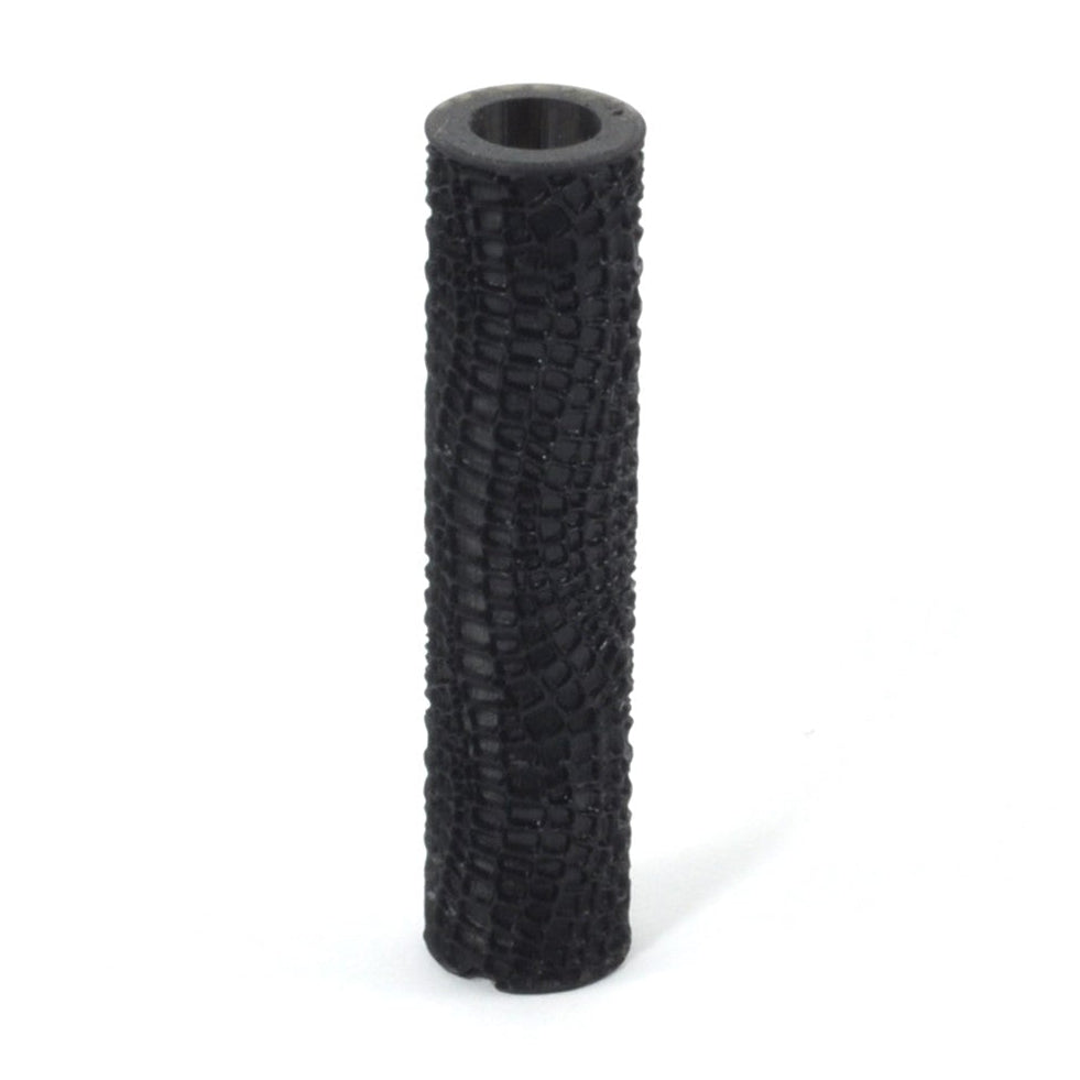 Black textured cylindrical object on a white background