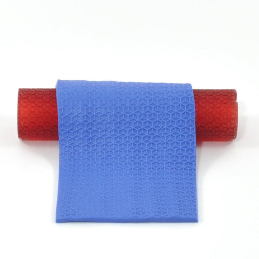 Blue textured mat with red roller on a white background