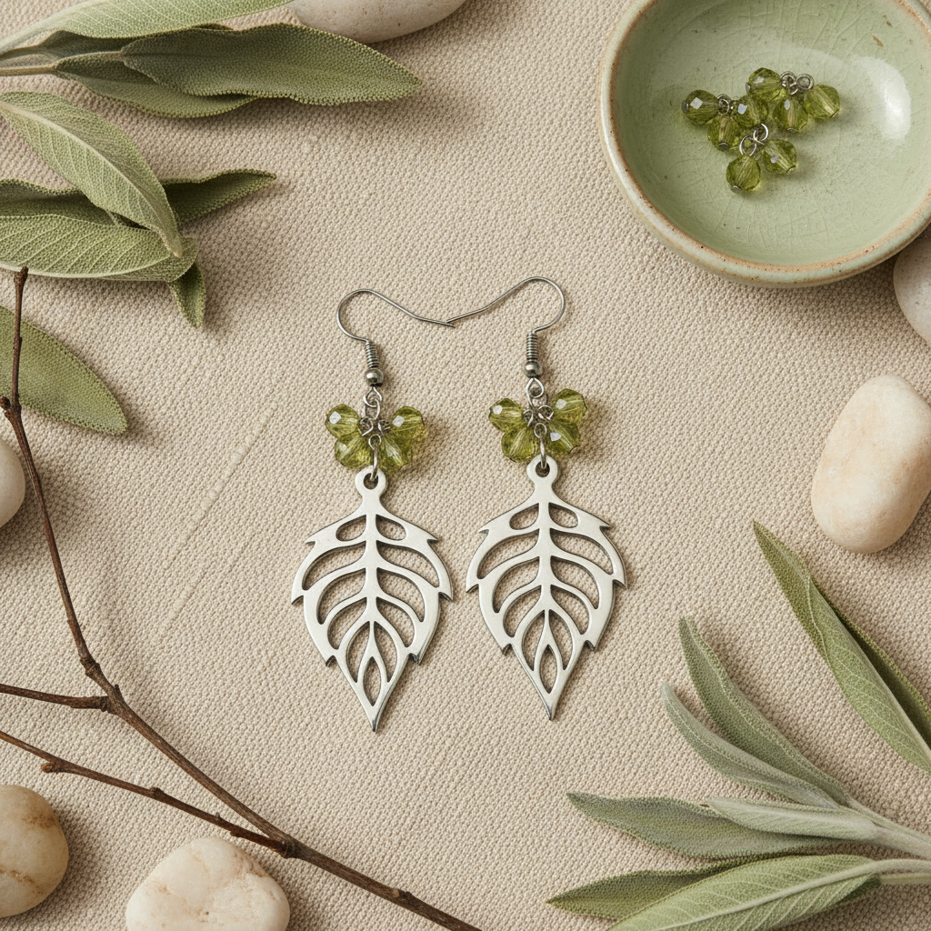 Silver leaf-shaped earrings with green beads on a nature background.